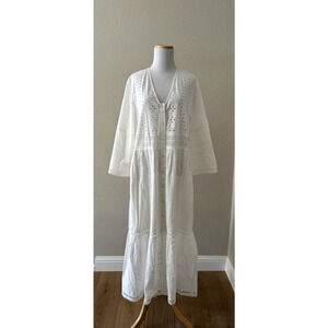Zara Midi Dress M White Cotton Eyelet Button-Front V-Neck Ruffle Hem Lined